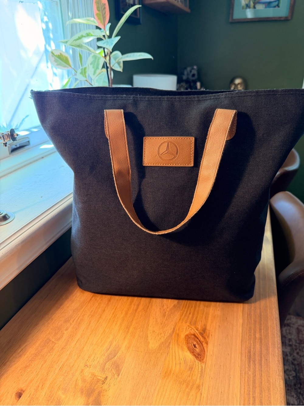 Mercedes Benz Heather Black Canvas Tote with Tan Leather Trim and Logo - Picture 2 of 3